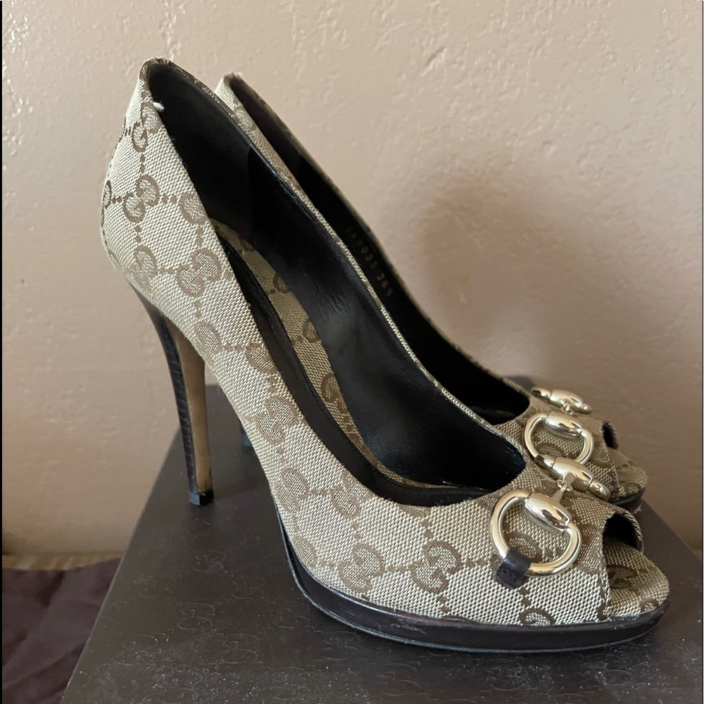 Gucci GG canvas horsebit peep toe